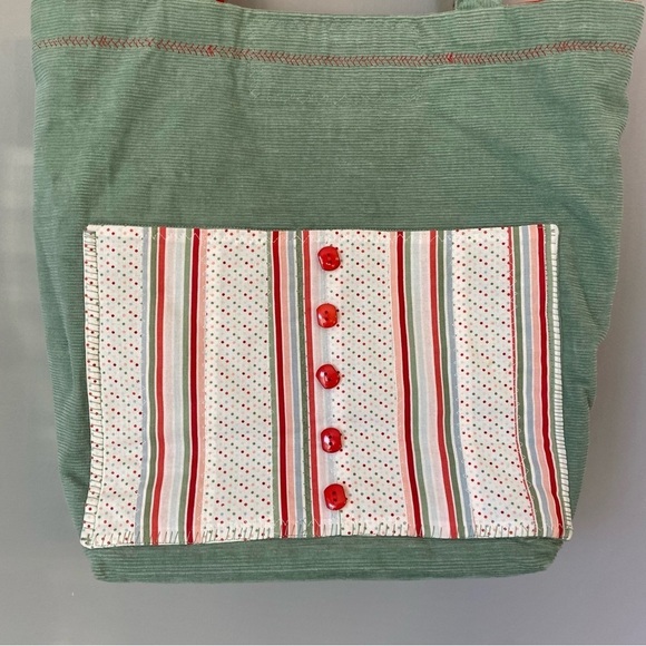 Vintage Handmade Sage Green & Poppy Red Corduroy Bag with Buttons - Picture 3 of 14